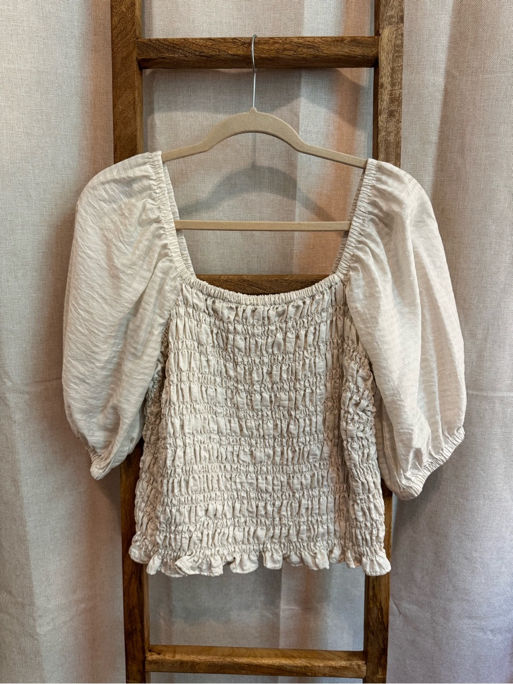 Old Navy Cream Smocked Square-Neck Puff Sleeve Top